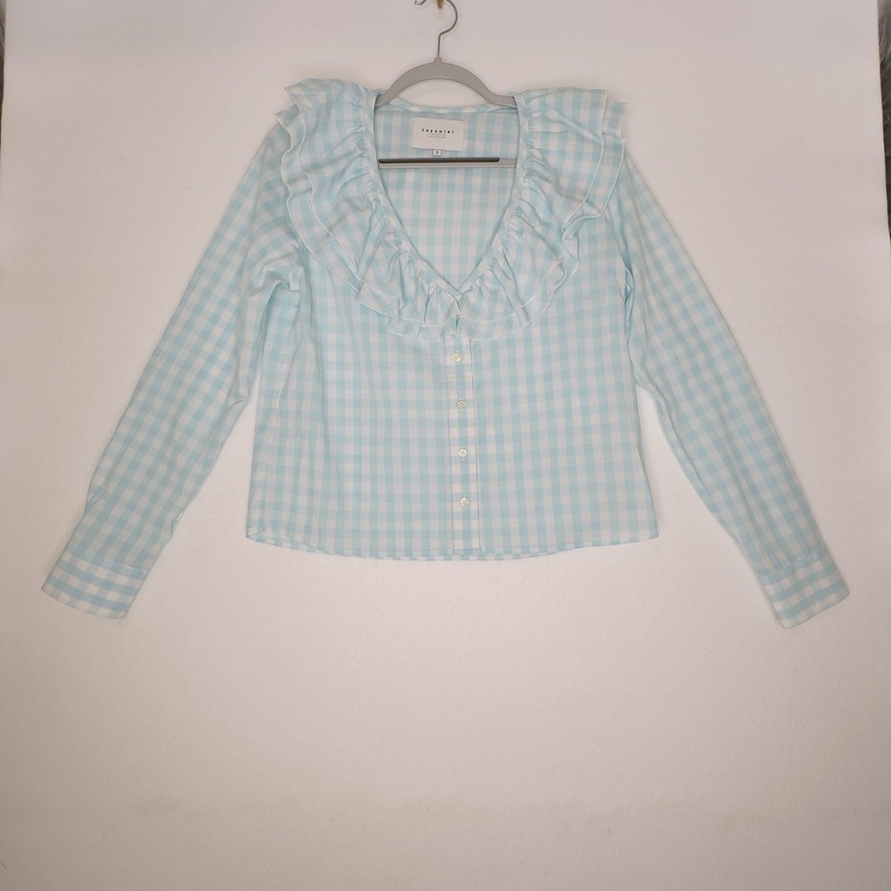 The Shirt Rochelle Behrens Blouse Womens Ruffle Gingham Blue White S